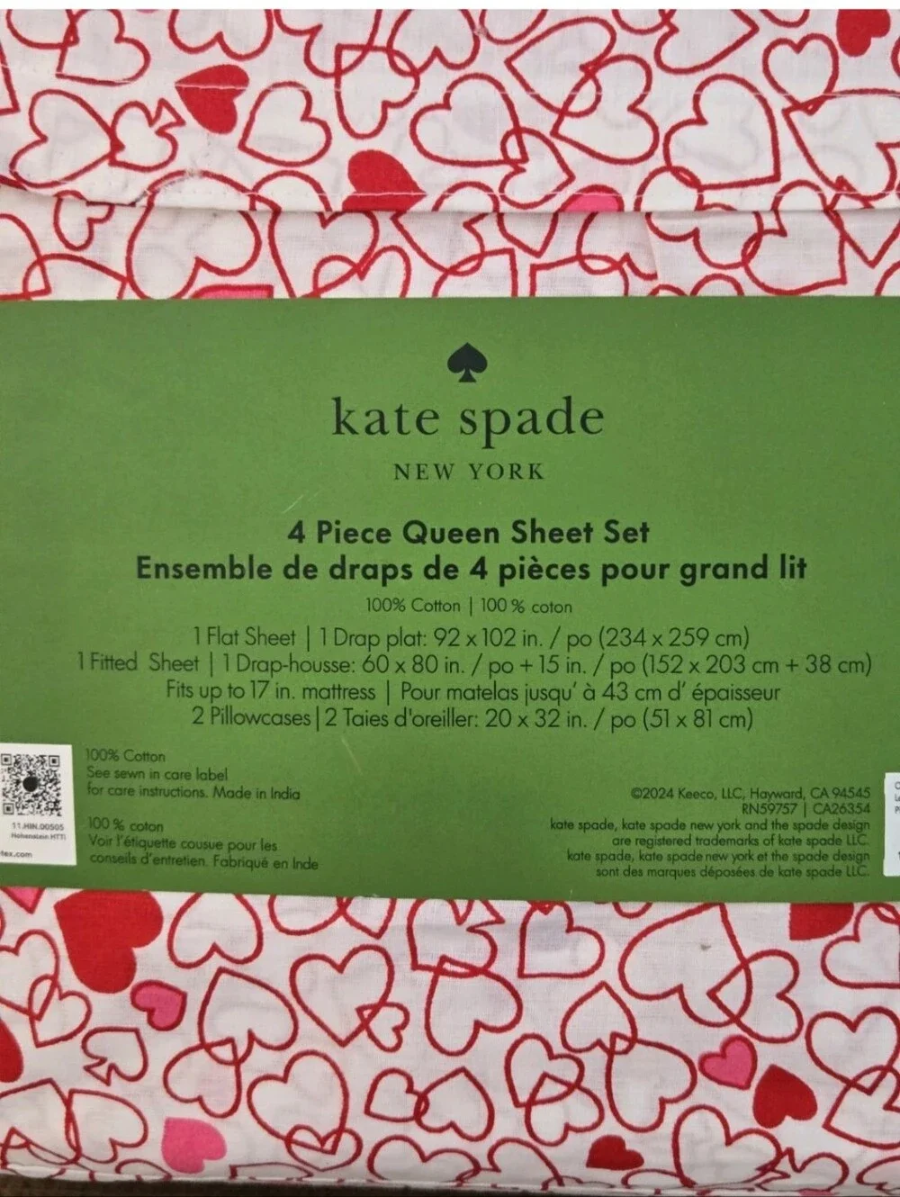 Kate Spade Queen Sheet Set Pink Red Outline Heart 3 Pc Cotton Love Valentine Day